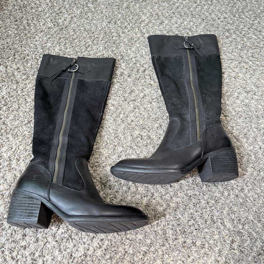 Born Uchee Tall Riding Boots Knee High Block Heel Zip 8.5 M Suede Leather Black